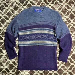Peruvian Alpaca Sweater Men's Medium Pullover Purple & Gray Fair Isle Mid Layer